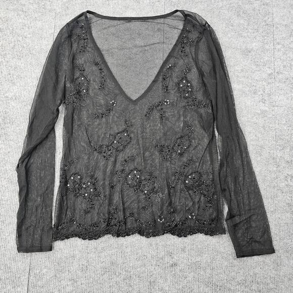 Beaded Sheer Mesh Shirt Womens Medium Black Whimsigoth Dark Romantic Layering - Picture 1 of 5